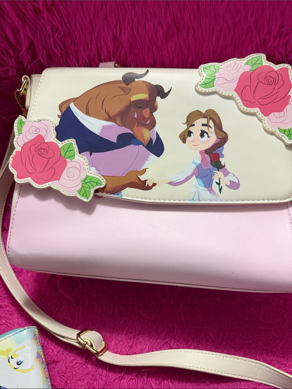 Disney Pink and Cream Belle & Beast Floral Crossbody Bag loungefly with wallet